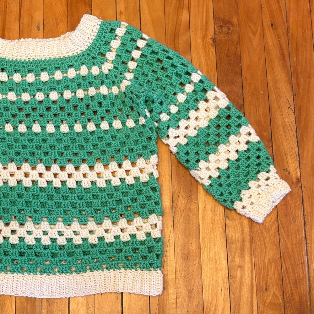 Hand Crafted Green and White Crochet Scoop-Neck Sweater - Large to Extra Large - Picture 3 of 8